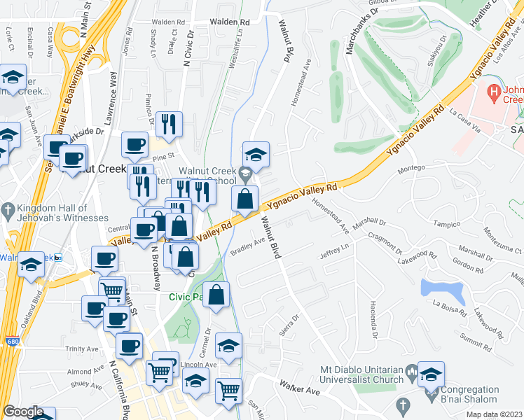 map of restaurants, bars, coffee shops, grocery stores, and more near Ygnacio Valley Road & Walnut Boulevard in Walnut Creek