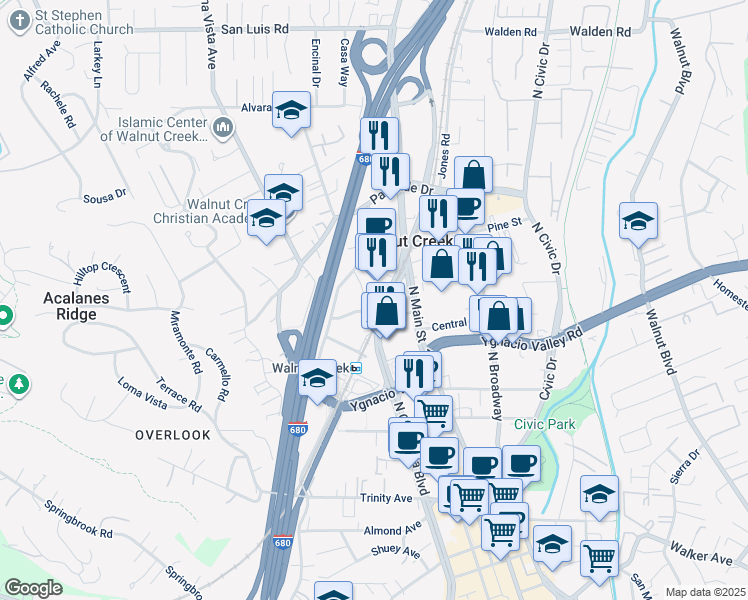 map of restaurants, bars, coffee shops, grocery stores, and more near 200 Pringle Avenue in Walnut Creek