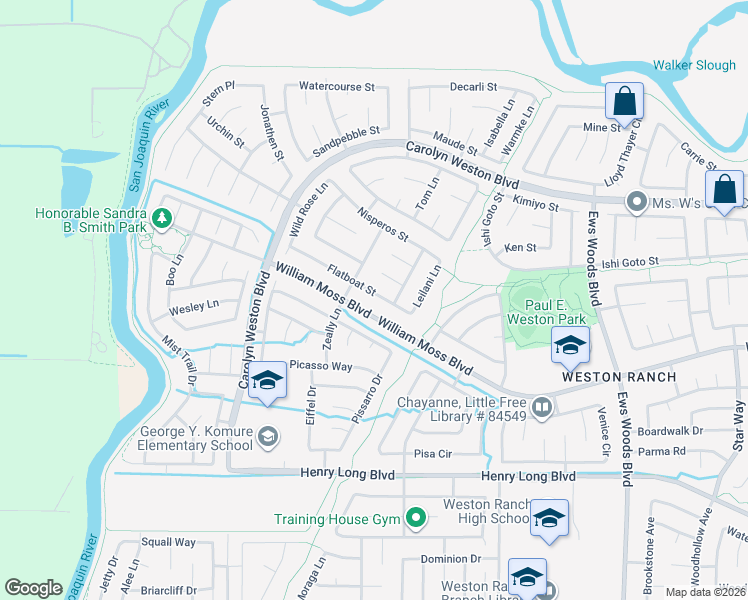 map of restaurants, bars, coffee shops, grocery stores, and more near 1942 Flatboat Street in Stockton