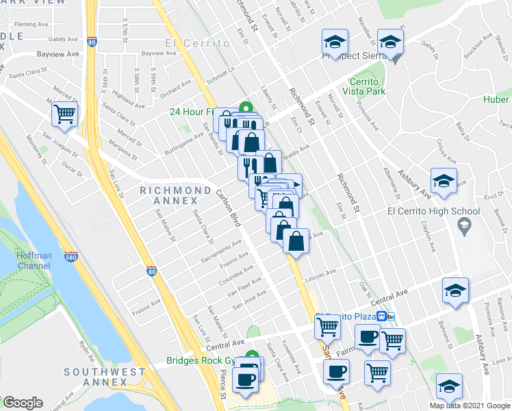 map of restaurants, bars, coffee shops, grocery stores, and more near 6208 Huntington Avenue in Richmond