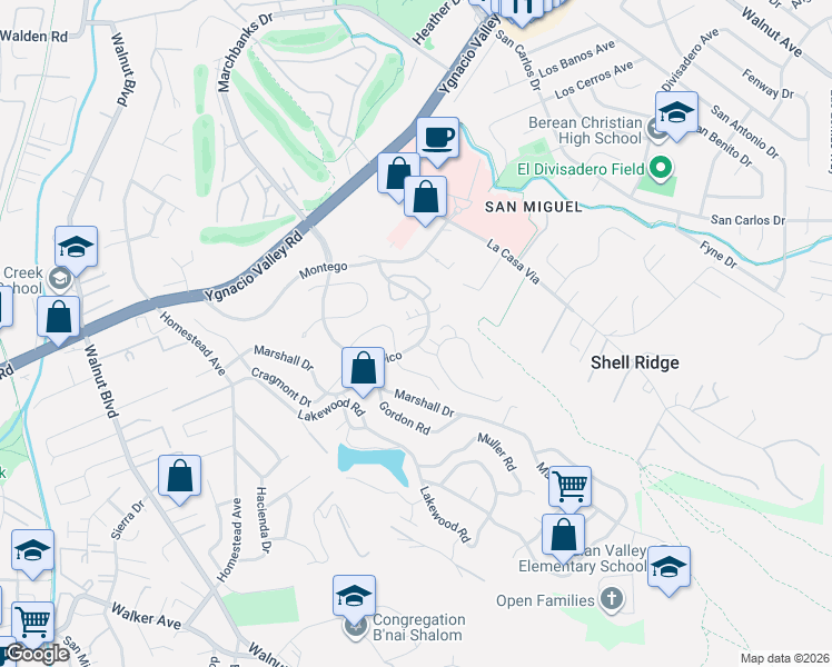 map of restaurants, bars, coffee shops, grocery stores, and more near 671 Tampico in Walnut Creek