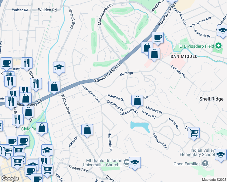 map of restaurants, bars, coffee shops, grocery stores, and more near 1241 Montego in Walnut Creek