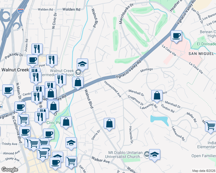 map of restaurants, bars, coffee shops, grocery stores, and more near 2564 Walnut Boulevard in Walnut Creek