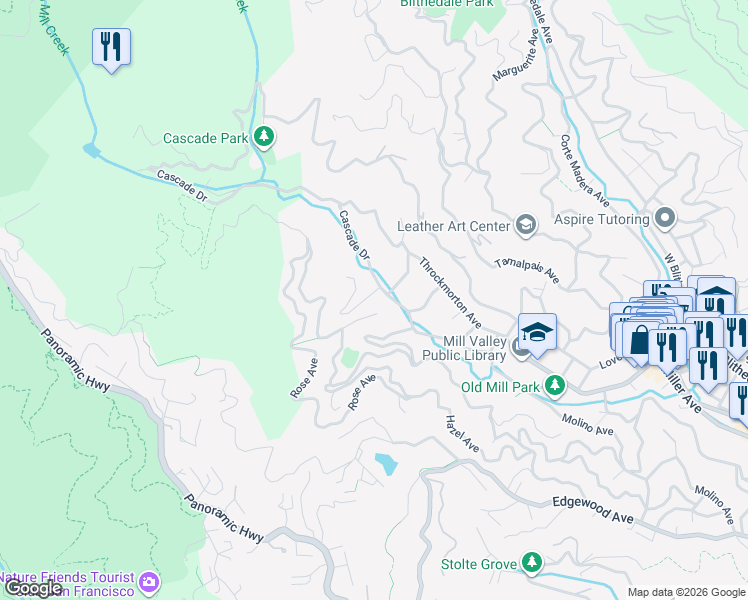 map of restaurants, bars, coffee shops, grocery stores, and more near 39 Renz Road in Mill Valley