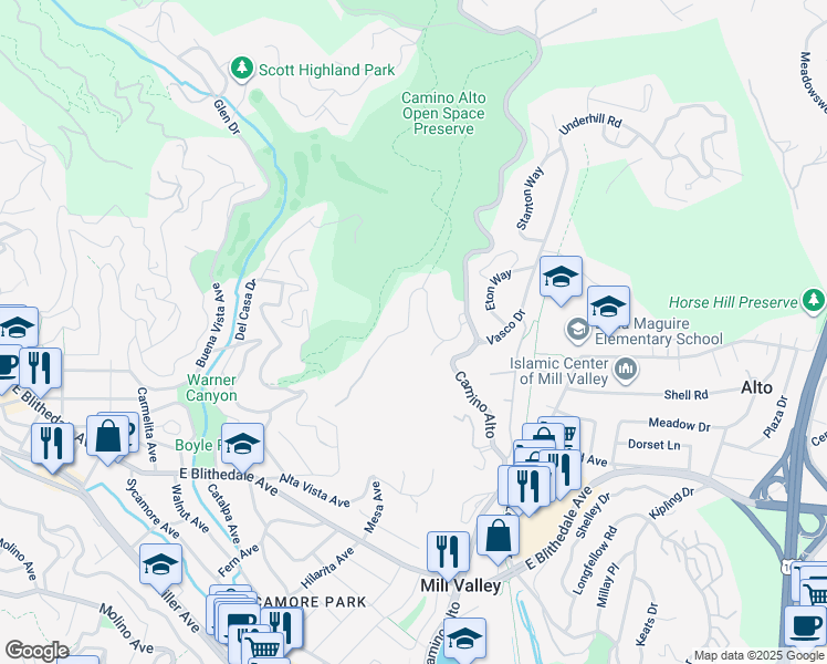 map of restaurants, bars, coffee shops, grocery stores, and more near 11 Escalon Drive in Mill Valley