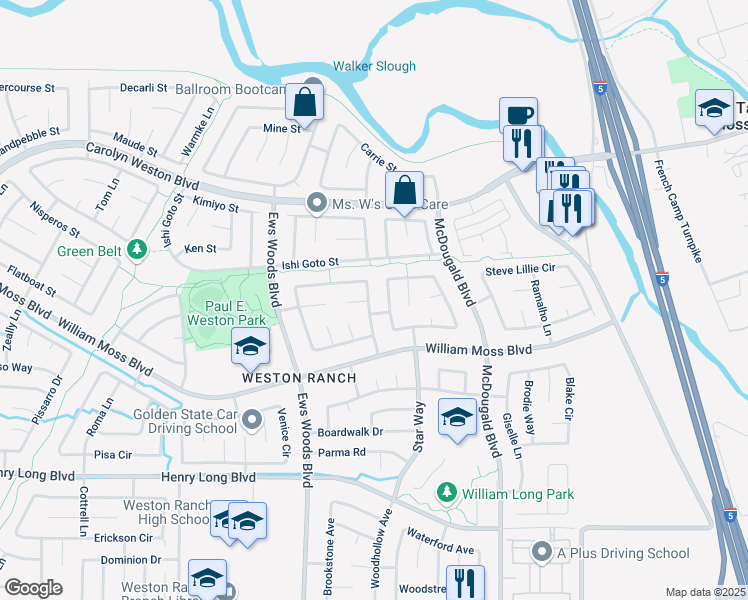 map of restaurants, bars, coffee shops, grocery stores, and more near 1041 Klemeyer Circle in Stockton