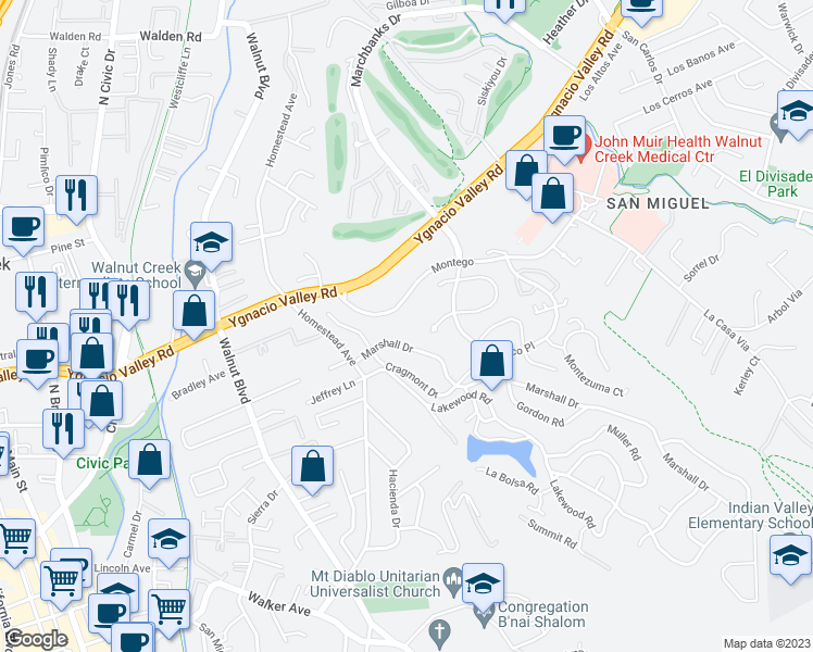 map of restaurants, bars, coffee shops, grocery stores, and more near 1241 Montego in Walnut Creek