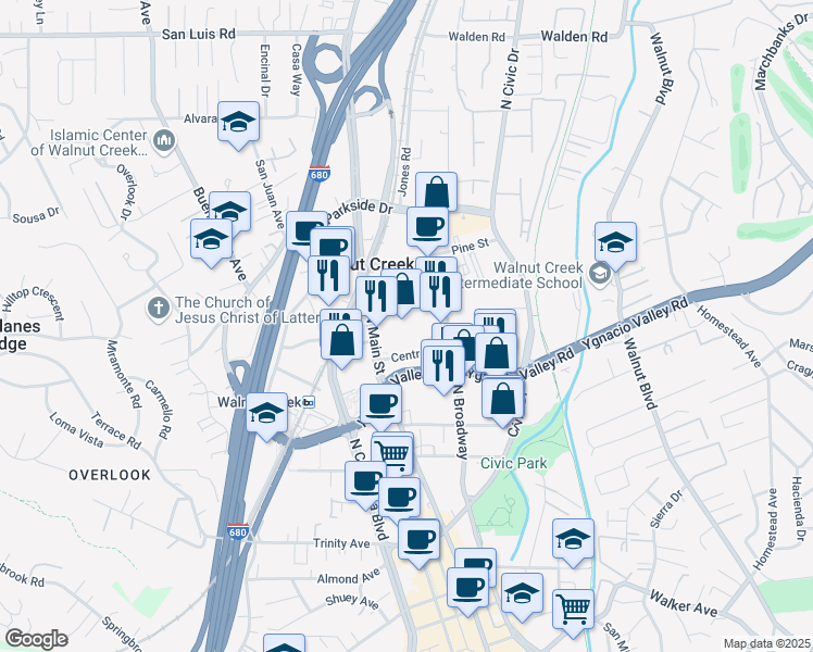 map of restaurants, bars, coffee shops, grocery stores, and more near 2040 North Main Street in Walnut Creek