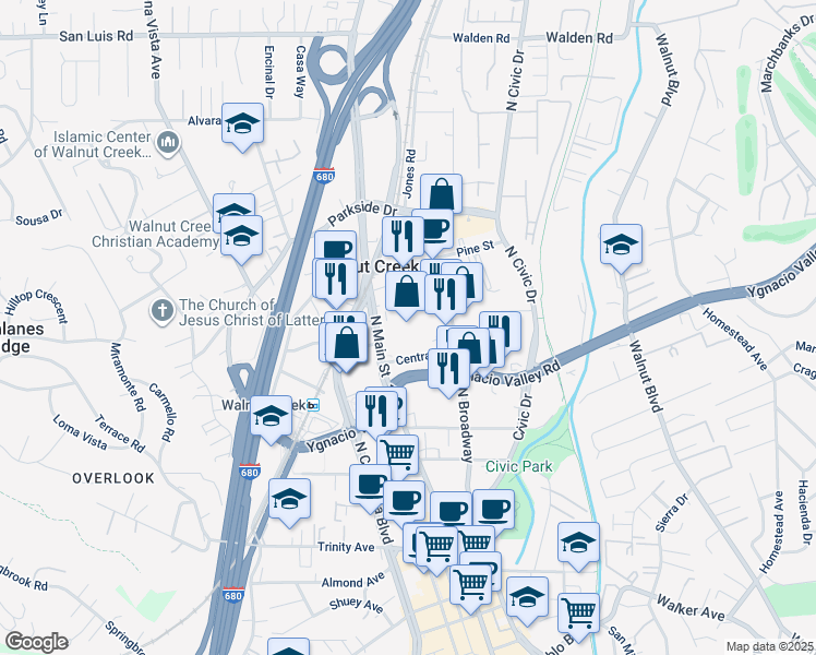 map of restaurants, bars, coffee shops, grocery stores, and more near 2040 North Main Street in Walnut Creek