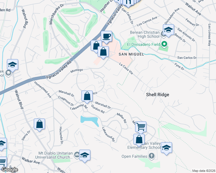map of restaurants, bars, coffee shops, grocery stores, and more near 671 Tampico in Walnut Creek