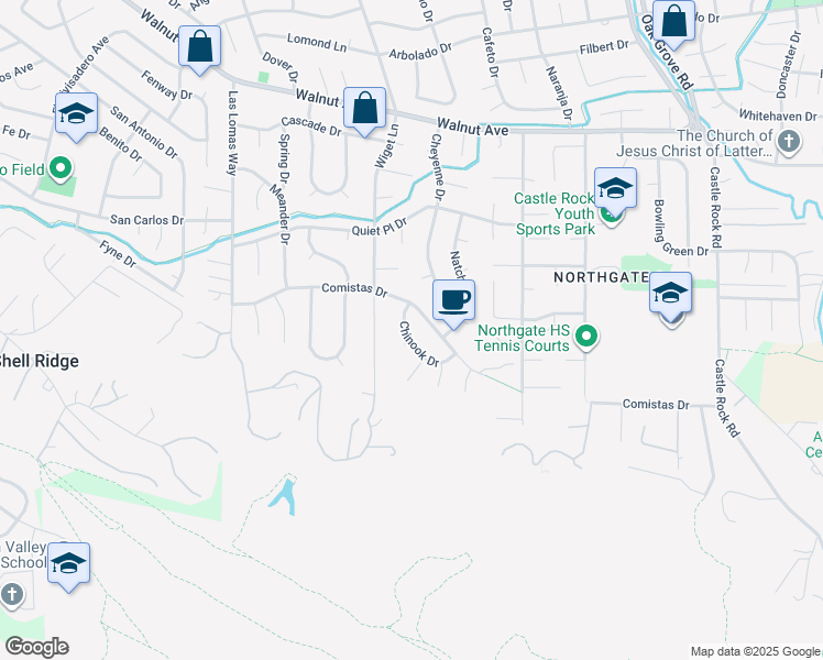 map of restaurants, bars, coffee shops, grocery stores, and more near 2560 Chinook Drive in Walnut Creek