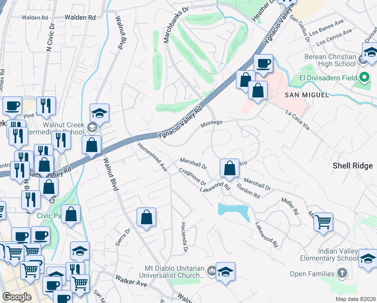map of restaurants, bars, coffee shops, grocery stores, and more near 1233 Montego in Walnut Creek