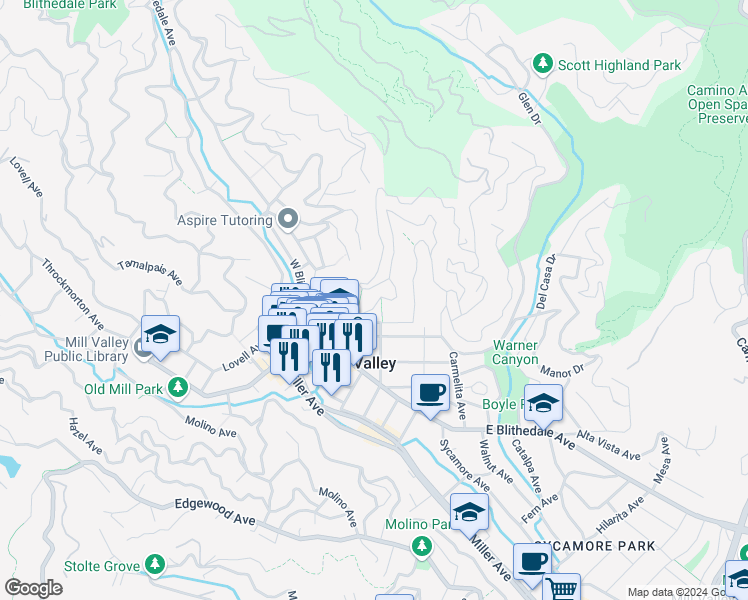 map of restaurants, bars, coffee shops, grocery stores, and more near 131 Hillside Avenue in Mill Valley