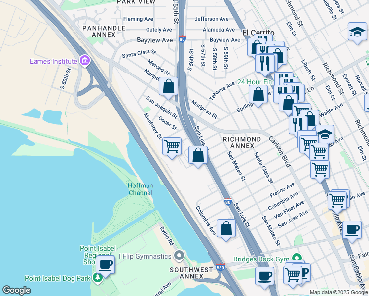 map of restaurants, bars, coffee shops, grocery stores, and more near 5205 Colusa Avenue in Richmond