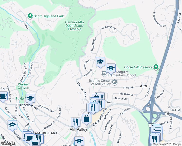 map of restaurants, bars, coffee shops, grocery stores, and more near 27 Azalea Drive in Mill Valley