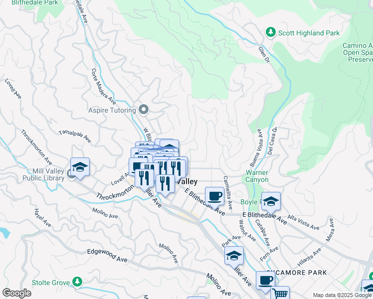 map of restaurants, bars, coffee shops, grocery stores, and more near 131 Hillside Avenue in Mill Valley