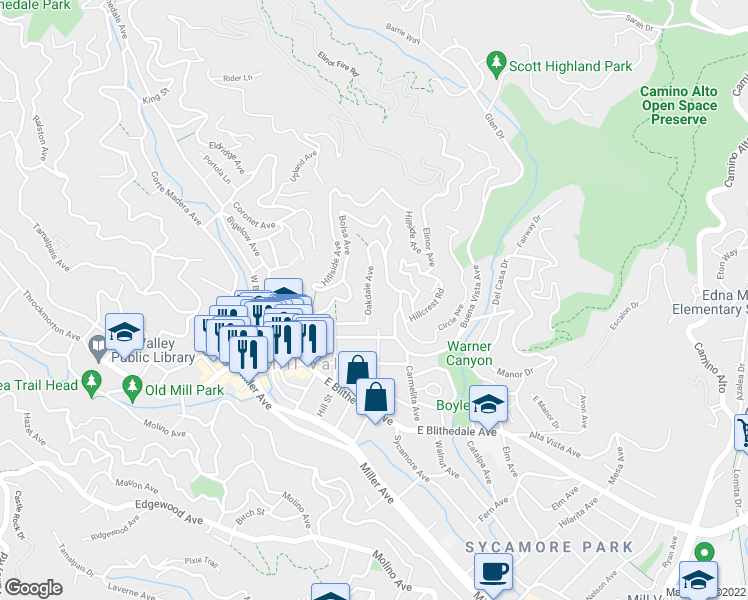 map of restaurants, bars, coffee shops, grocery stores, and more near 124 Oakdale Avenue in Mill Valley