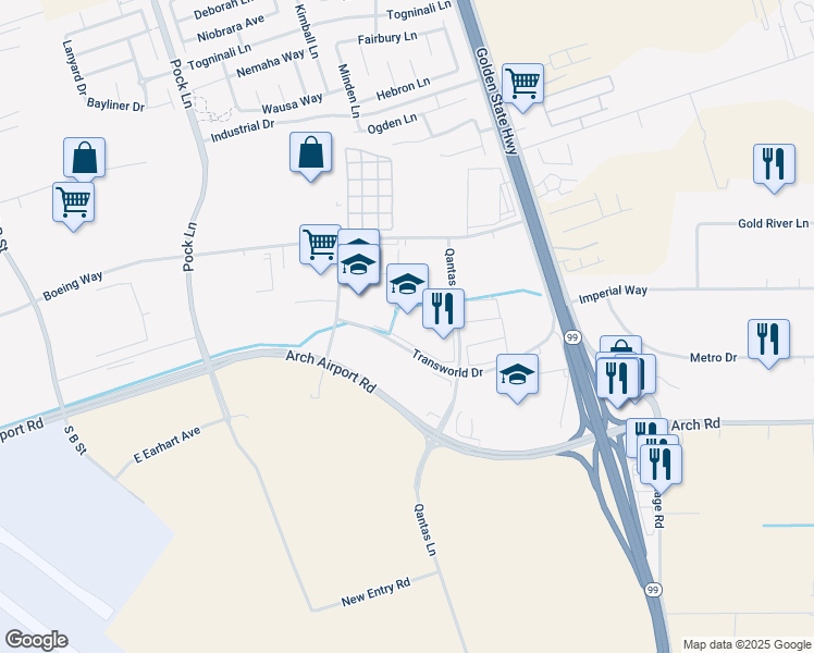 map of restaurants, bars, coffee shops, grocery stores, and more near 2829 Transworld Drive in Stockton