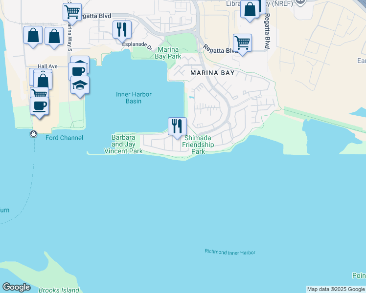 map of restaurants, bars, coffee shops, grocery stores, and more near 73 Sandpoint Drive in Richmond