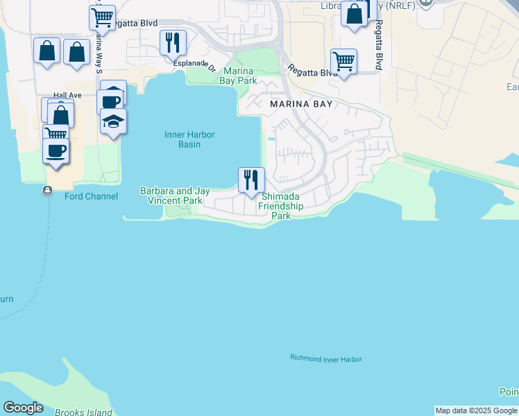 map of restaurants, bars, coffee shops, grocery stores, and more near 73 Sandpoint Drive in Richmond
