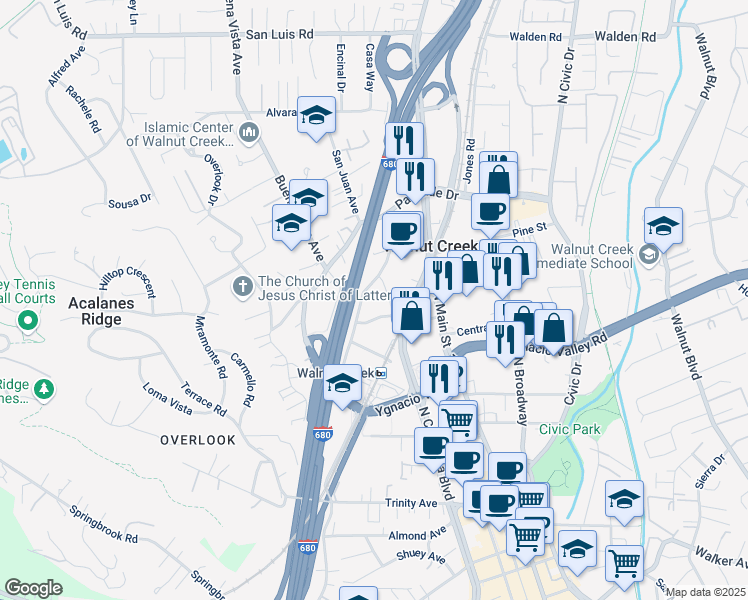 map of restaurants, bars, coffee shops, grocery stores, and more near 100 Pringle Avenue in Walnut Creek