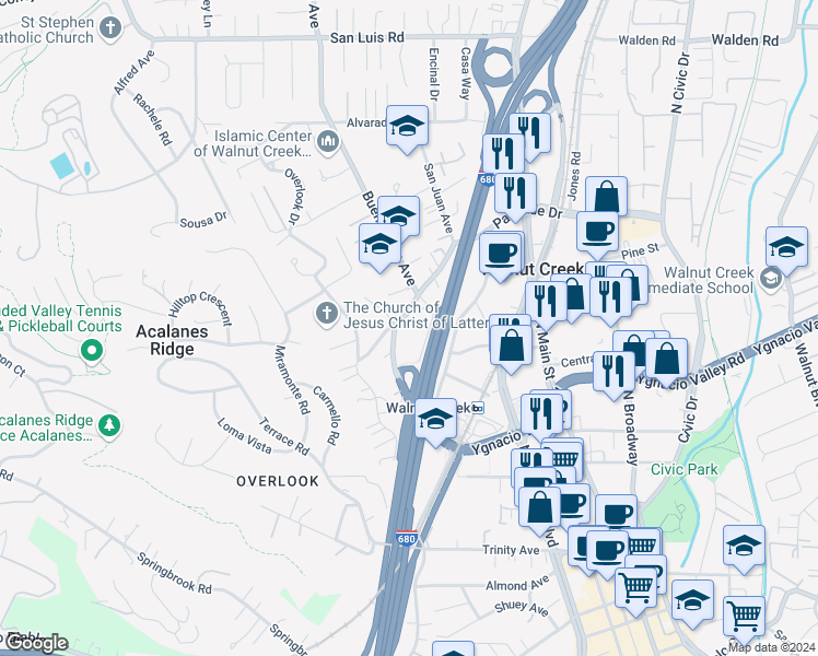 map of restaurants, bars, coffee shops, grocery stores, and more near 1861 Parkside Drive in Walnut Creek