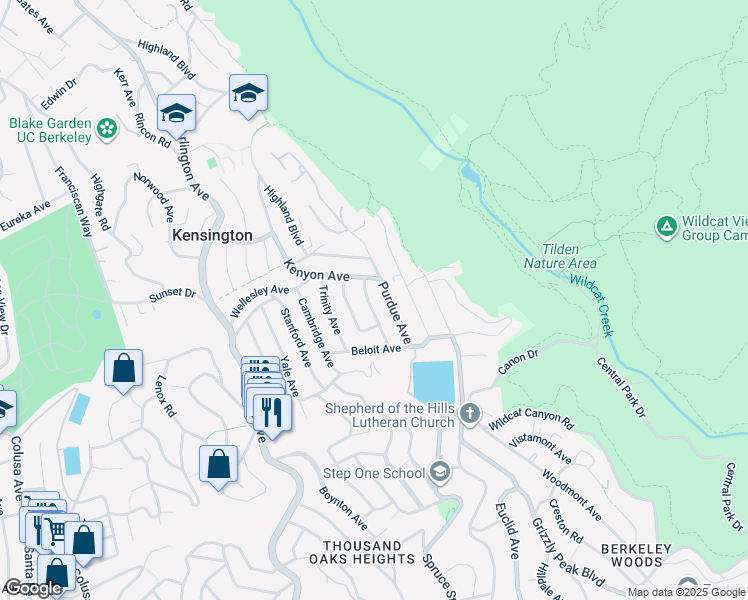 map of restaurants, bars, coffee shops, grocery stores, and more near 233 Colgate Avenue in Kensington
