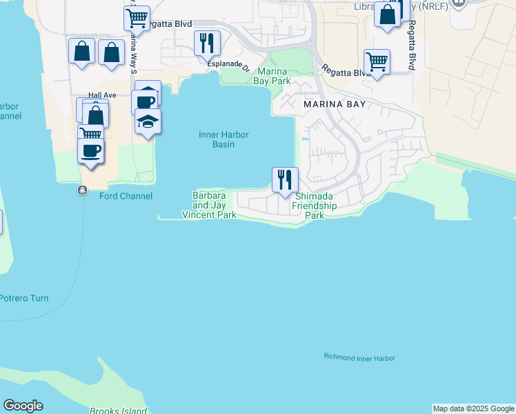 map of restaurants, bars, coffee shops, grocery stores, and more near 32 Harbor View Drive in Richmond