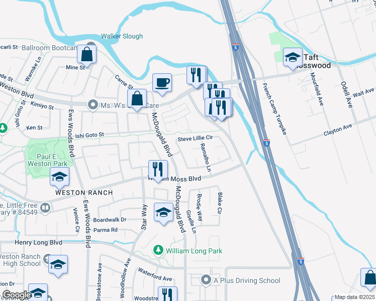 map of restaurants, bars, coffee shops, grocery stores, and more near 3847 Steve Lillie Circle in Stockton