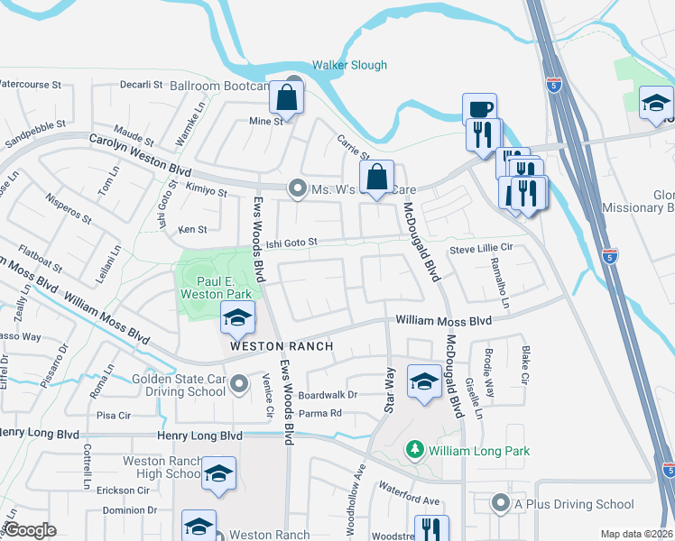map of restaurants, bars, coffee shops, grocery stores, and more near 1041 Klemeyer Circle in Stockton