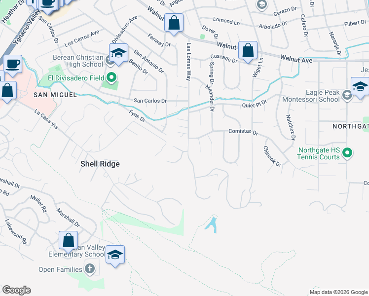 map of restaurants, bars, coffee shops, grocery stores, and more near 411 Las Lomas Way in Walnut Creek