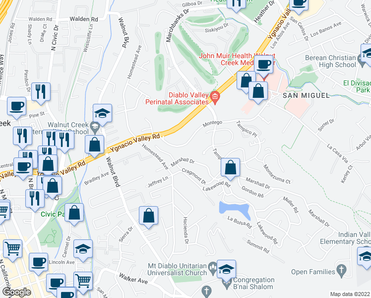 map of restaurants, bars, coffee shops, grocery stores, and more near 1241 Montego in Walnut Creek