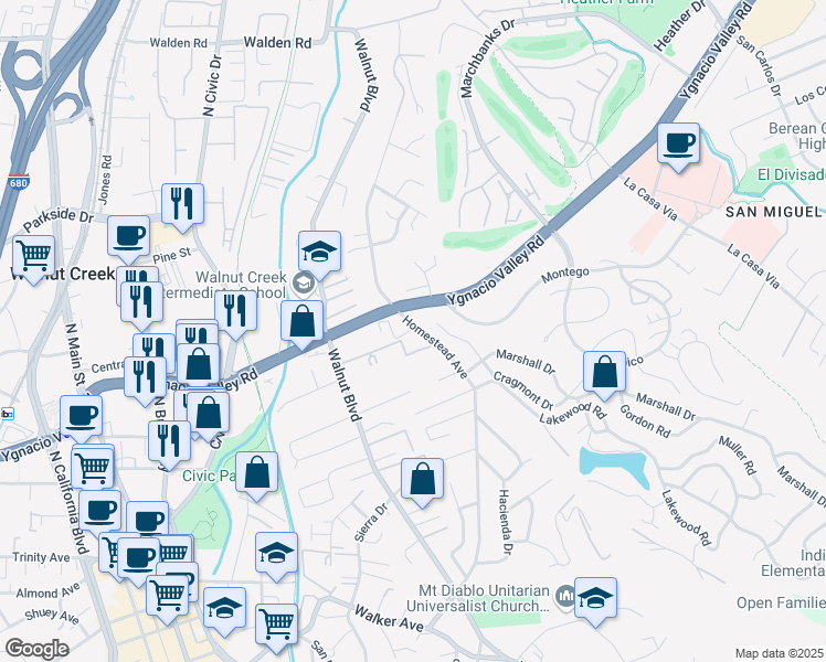 map of restaurants, bars, coffee shops, grocery stores, and more near 2564 Walnut Boulevard in Walnut Creek