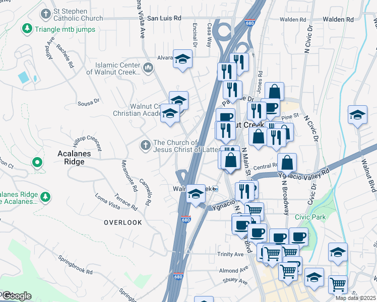 map of restaurants, bars, coffee shops, grocery stores, and more near 1861 Parkside Drive in Walnut Creek