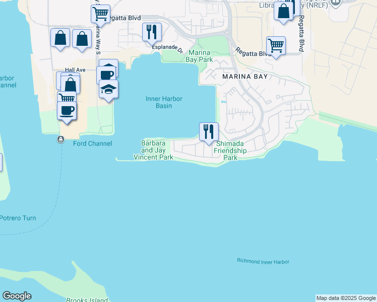 map of restaurants, bars, coffee shops, grocery stores, and more near 32 Harbor View Drive in Richmond