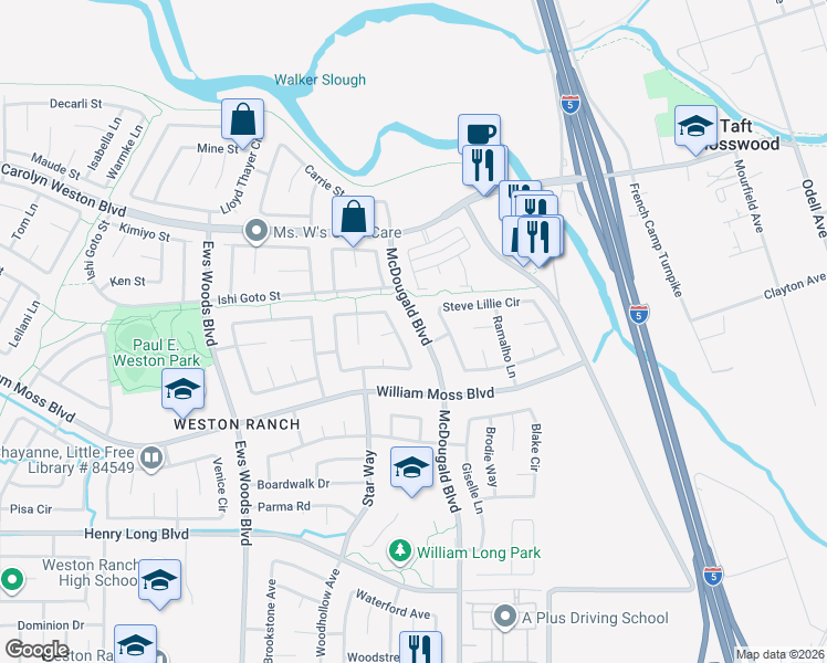 map of restaurants, bars, coffee shops, grocery stores, and more near 3707 McDougald Boulevard in Stockton