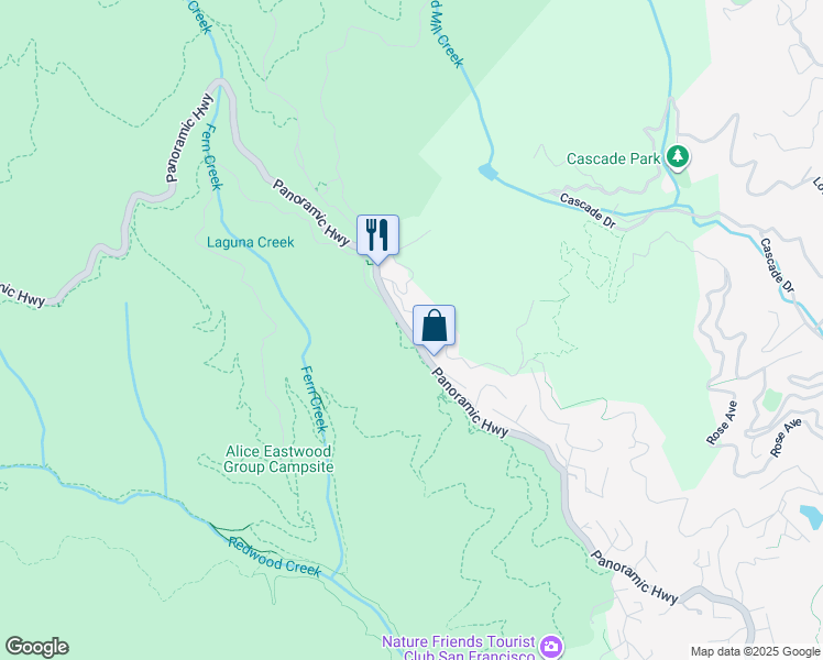 map of restaurants, bars, coffee shops, grocery stores, and more near 753 Panoramic Highway in Mill Valley