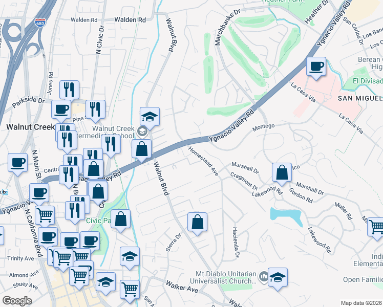map of restaurants, bars, coffee shops, grocery stores, and more near 1295 Homestead Avenue in Walnut Creek