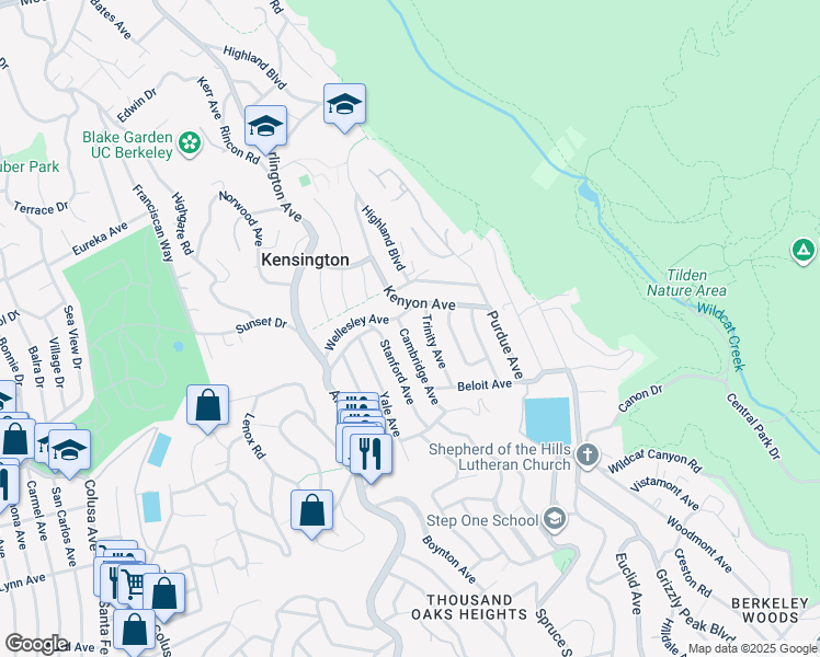 map of restaurants, bars, coffee shops, grocery stores, and more near 211 Cambridge Avenue in Kensington