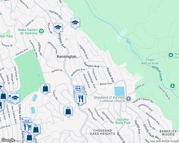 map of restaurants, bars, coffee shops, grocery stores, and more near 211 Cambridge Avenue in Kensington