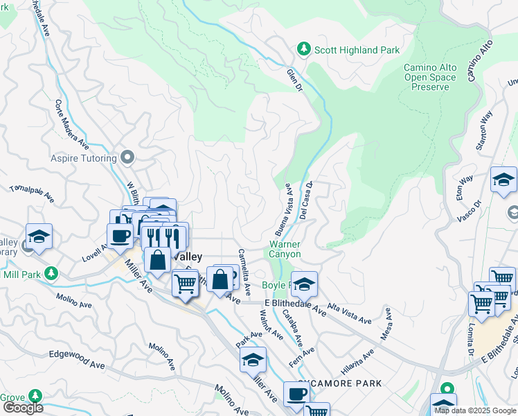 map of restaurants, bars, coffee shops, grocery stores, and more near 36 Hillcrest Road in Mill Valley