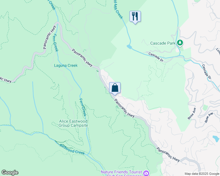 map of restaurants, bars, coffee shops, grocery stores, and more near 753 Panoramic Highway in Mill Valley