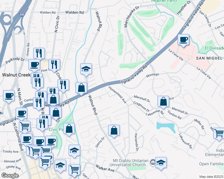 map of restaurants, bars, coffee shops, grocery stores, and more near Homestead Avenue in Walnut Creek