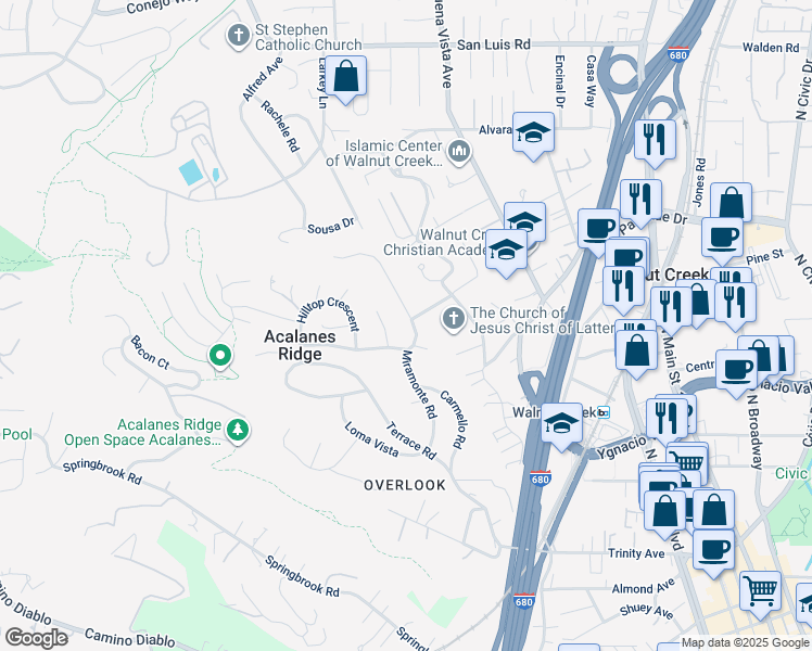 map of restaurants, bars, coffee shops, grocery stores, and more near 117 Miramonte Road in Walnut Creek