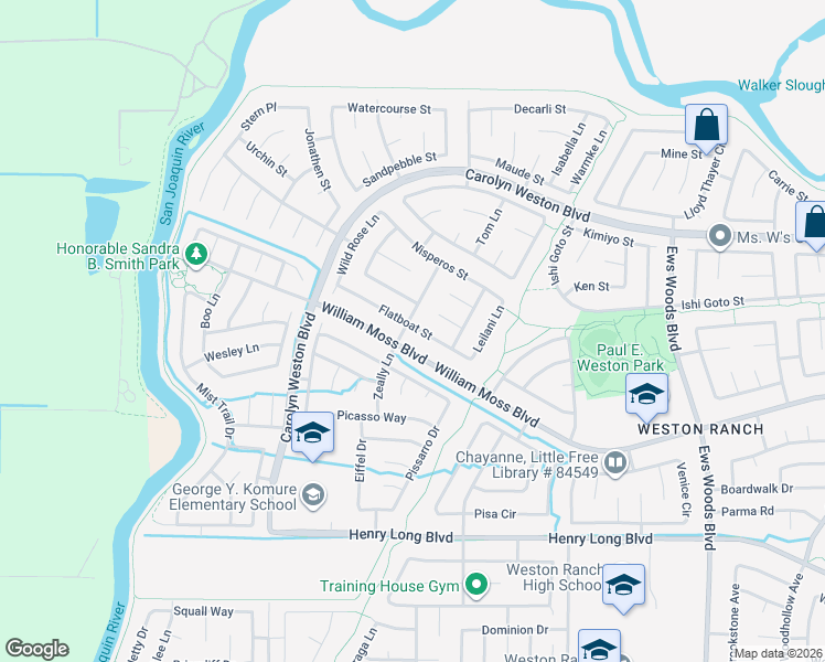 map of restaurants, bars, coffee shops, grocery stores, and more near 1942 Flatboat Street in Stockton