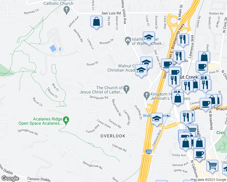 map of restaurants, bars, coffee shops, grocery stores, and more near 117 Miramonte Road in Walnut Creek
