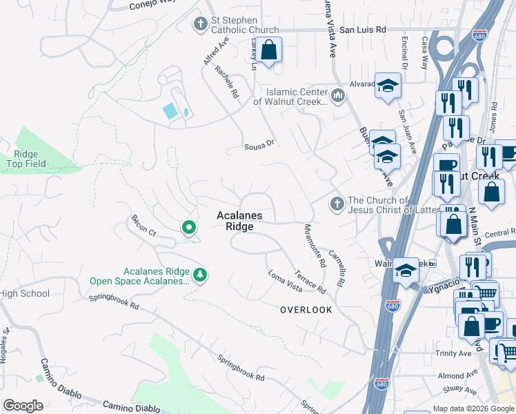 map of restaurants, bars, coffee shops, grocery stores, and more near 111 Hilltop Crescent in Walnut Creek