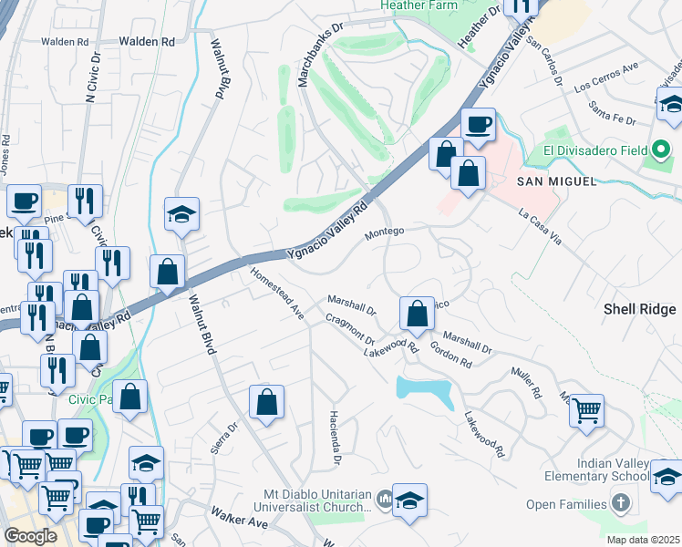 map of restaurants, bars, coffee shops, grocery stores, and more near 1241 Montego in Walnut Creek