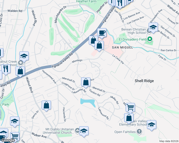map of restaurants, bars, coffee shops, grocery stores, and more near 1434 Los Vecinos in Walnut Creek