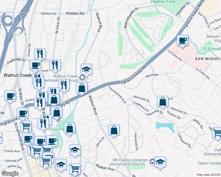 map of restaurants, bars, coffee shops, grocery stores, and more near Homestead Avenue in Walnut Creek